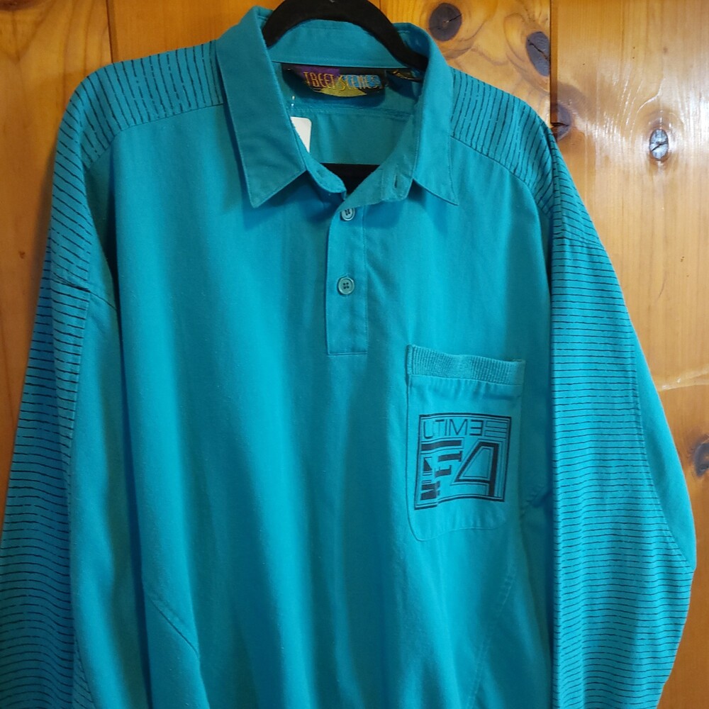 Vintage 80s Street Scenes large Turquoise Shirt Striped Sleeves Graphic Pocket